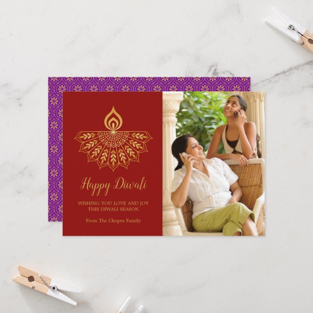 Diwali Diya Photo Greeting Card - Custom Colour (Front/Back In Situ)