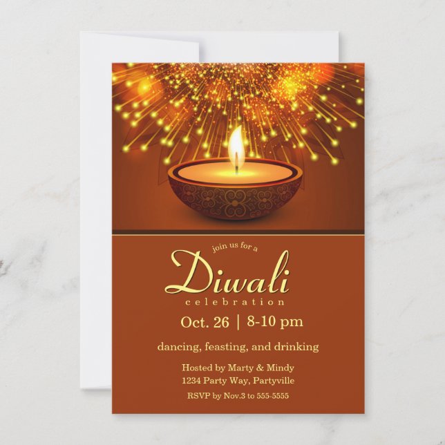 Diwali Diyas and Fireworks Invitation (Front)