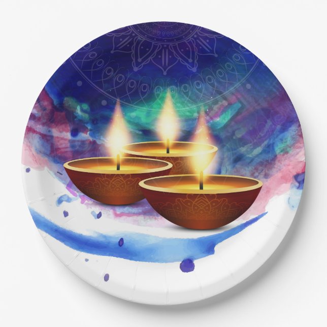 Diwali Diyas Blue Paint Wash Paper Plate (Front)
