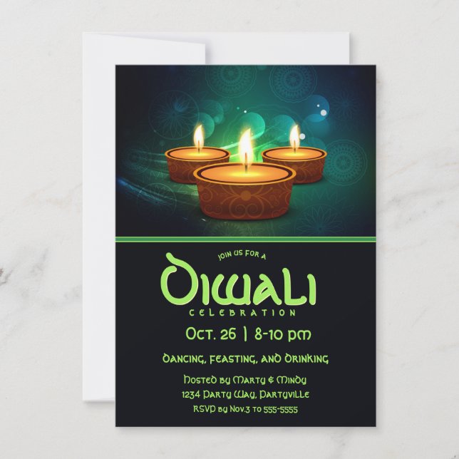 Diwali Diyas with Blue and Teal Invitation (Front)