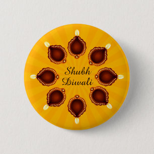 Diwali Diyas with Yellow Sun Rays 2 Inch Round Button