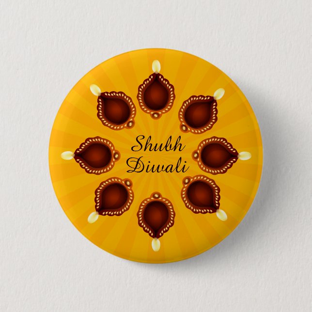 Diwali Diyas with Yellow Sun Rays 2 Inch Round Button (Front)