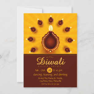 Diwali Diyas with Yellow Sun Rays Invitation