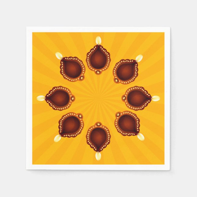 Diwali Diyas with Yellow Sun Rays Napkin (Front)