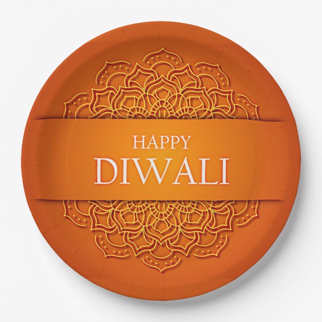  Diwali Elegant Modern Orange Yellow Mandala 9"  Paper Plate (Front)