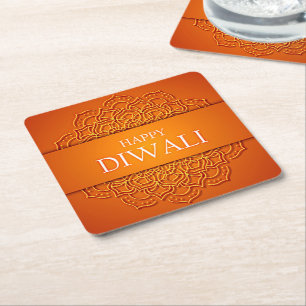  Diwali Elegant Modern Orange Yellow Mandala  Square Paper Coaster