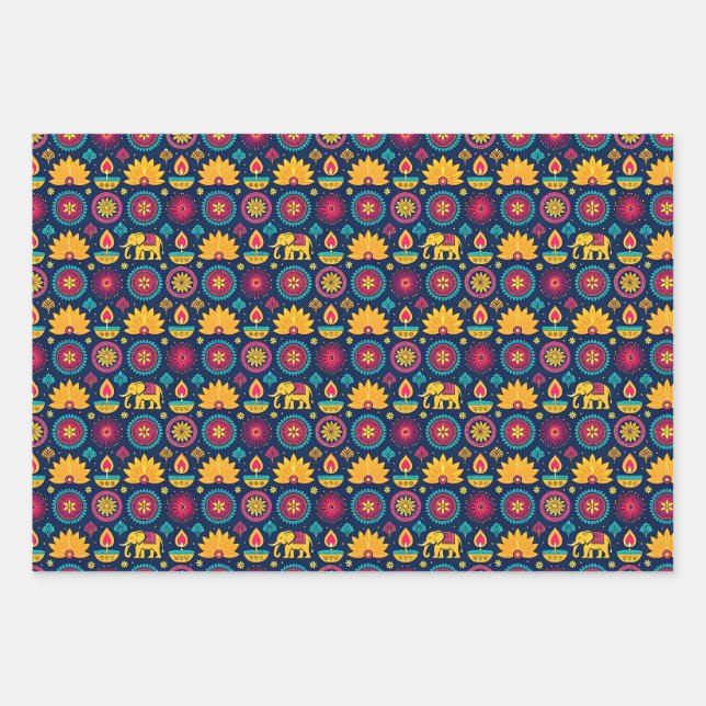 Diwali Elephants and Lights Wrapping Paper Sheet (Front 3)