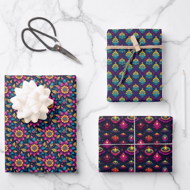 Diwali Floral Pattern Wrapping Paper Sheet (Front)