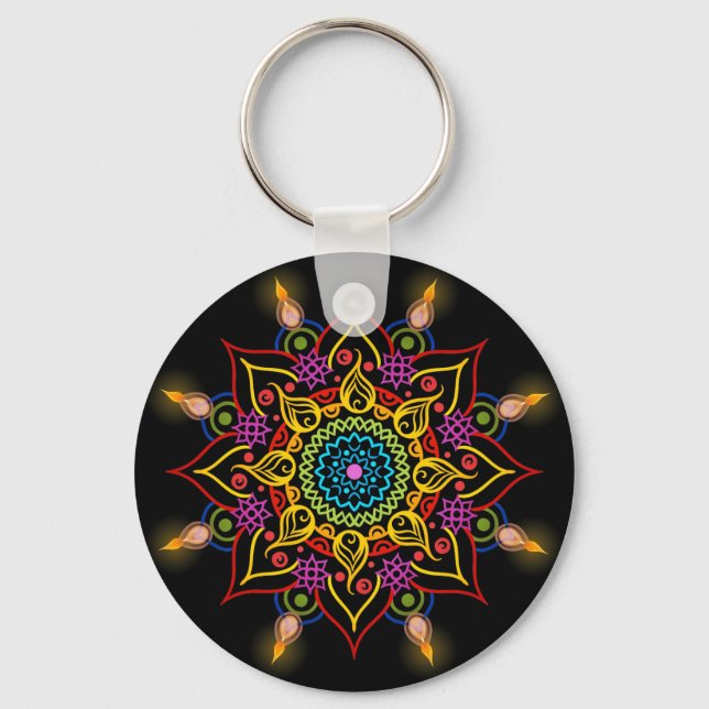 Diwali flower Rangoli with oil lamps Keychain (Front)