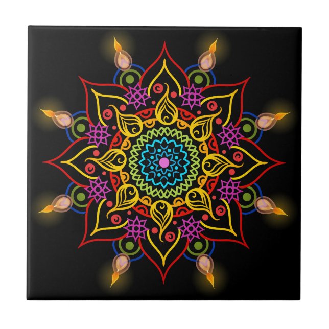 Diwali flower Rangoli with oil lamps Tile (Front)