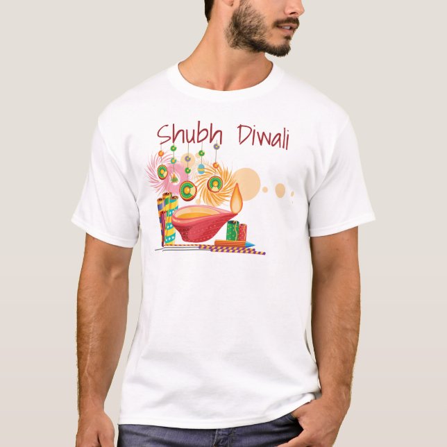 Diwali Fun Cartoon Diya & Fireworks T-Shirt (Front)