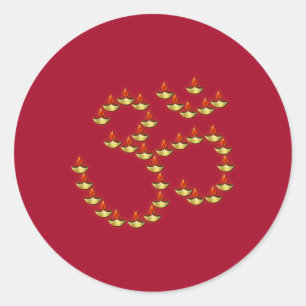 Diwali Gold Deepa in Om Symbol Bright Burgundy Classic Round Sticker