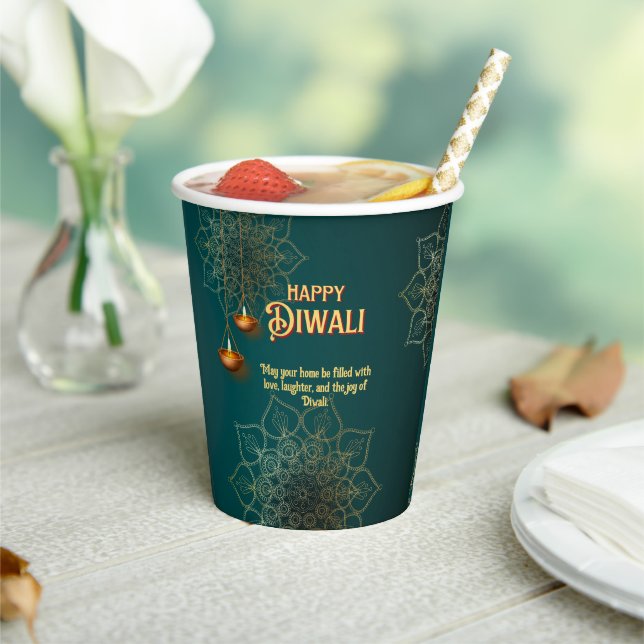 Diwali Green Gold Lamps Mandala Personalized Paper Cups (Insitu)