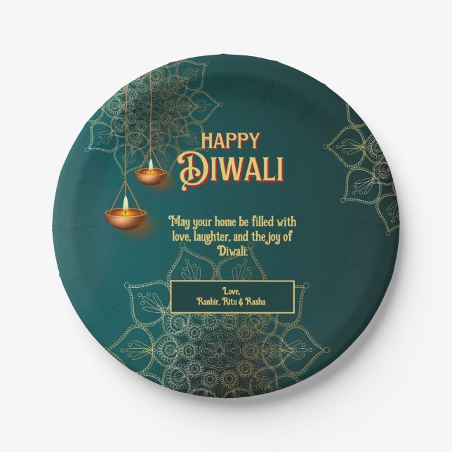Diwali Green Gold Lamps Mandala Personalized Paper Plate (Front)