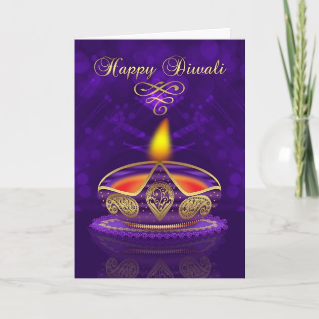 Diwali Greeting Card In Gold And Purple With Light (Front)