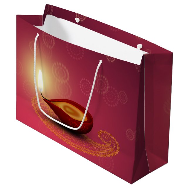 Diwali heureux brillant Diya - grand sac de cadeau (Devant Angle)