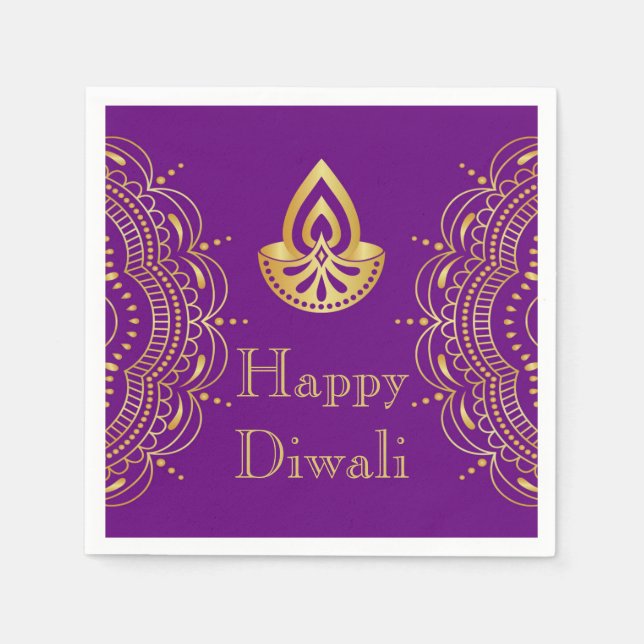 Diwali Paper Napkin in Purple & Gold Diya (Front)