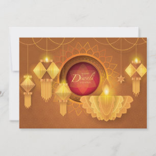 Diwali Papercut Deepa & Lanterns, gold Invitation