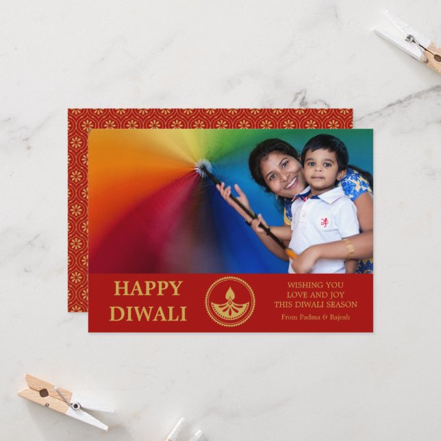 Diwali Photo Greeting Card - Custom Colour (Front/Back In Situ)
