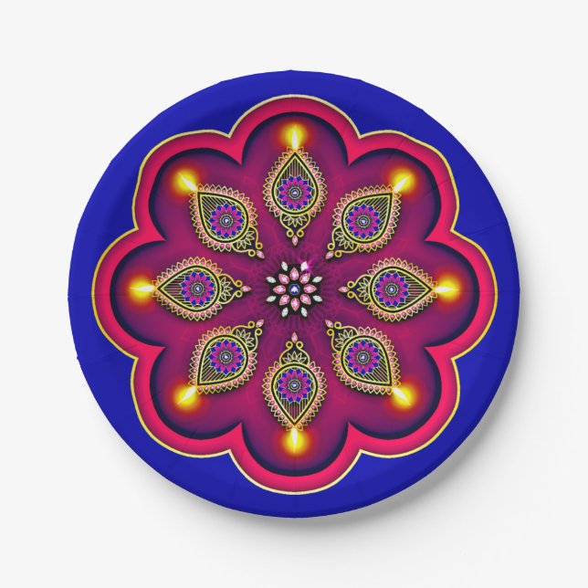  Diwali Purple Diya Flame Lotus Mandala Blue 7" Paper Plate (Front)