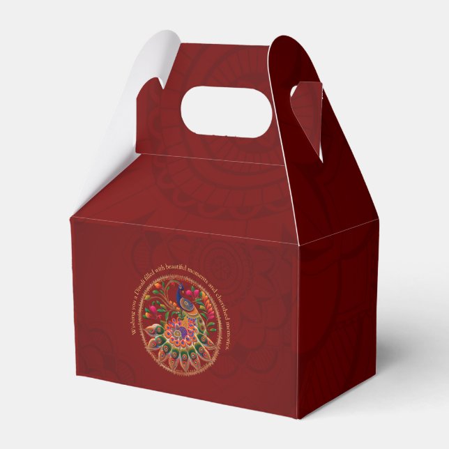 Diwali Red Gold Colourful Peacock Personalized  Favor Box (Front Side)