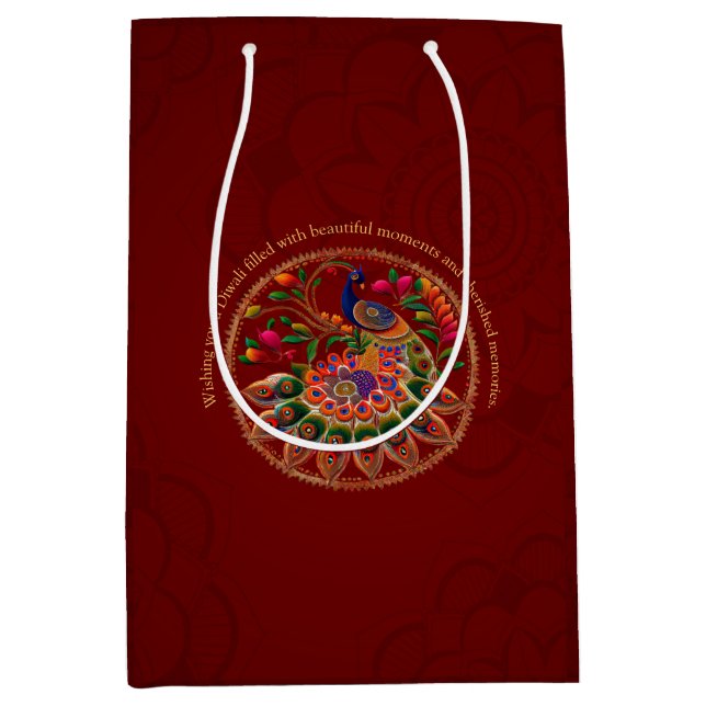 Diwali Red Gold Colourful Peacock Personalized  Medium Gift Bag (Front)