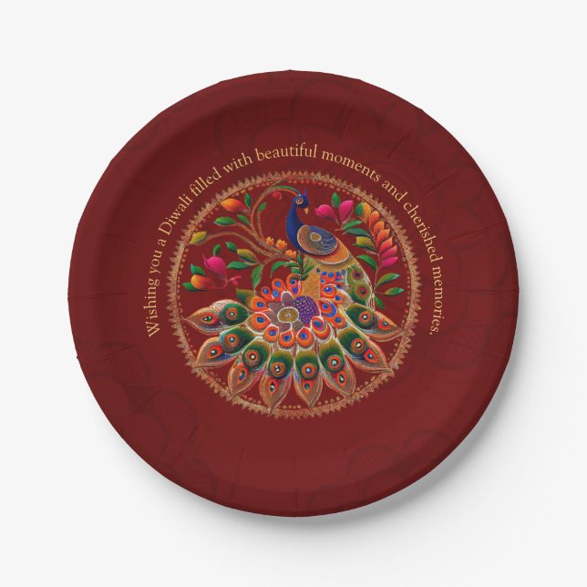 Diwali Red Gold Colourful Peacock Personalized  Paper Plate (Front)