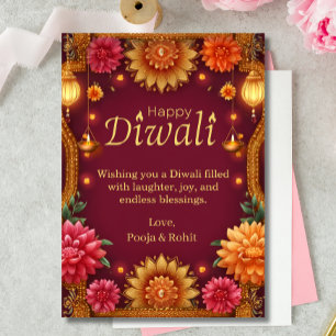 Diwali Red Gold Floral Lamps Invitation