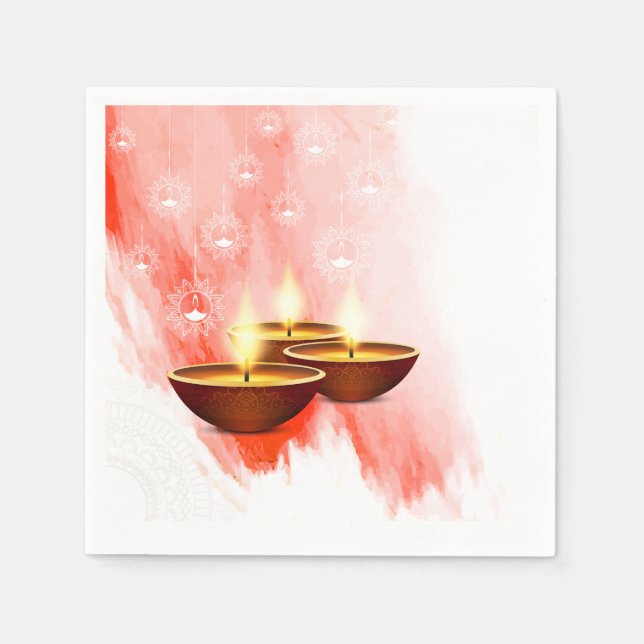 Diwali Red Watercolor with Diyas Napkin (Front)