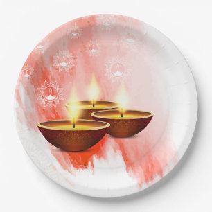 Diwali Red Watercolor with Diyas Paper Plate