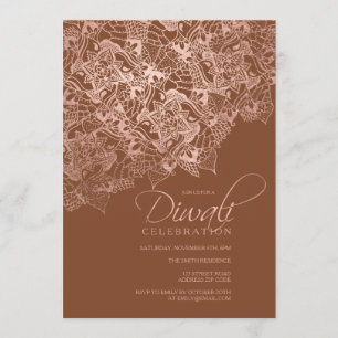 Diwali typography faux rose gold mandala brown invitation