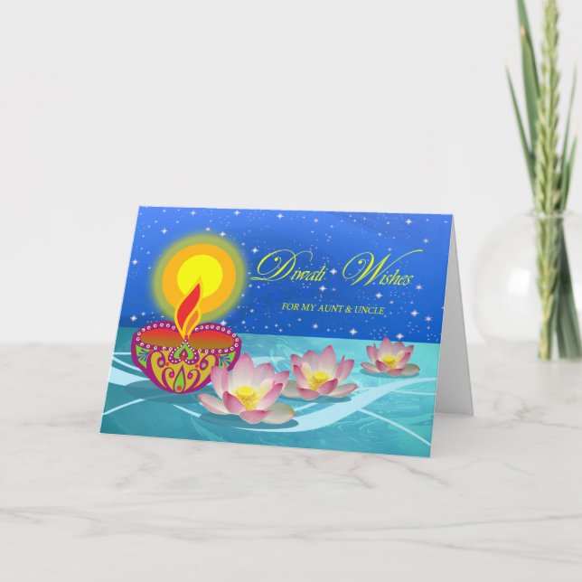 Diwali Wishes for Aunt and Uncle, Diya and Lotus Card (Front)