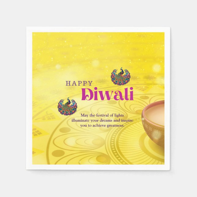 Diwali Yellow Mandala Lamp Peacock Personalized Napkin (Front)