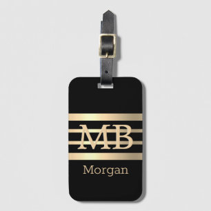 DIY 3-D Gold Monogram/Name, Bk/Gold Stripes, Black Luggage Tag