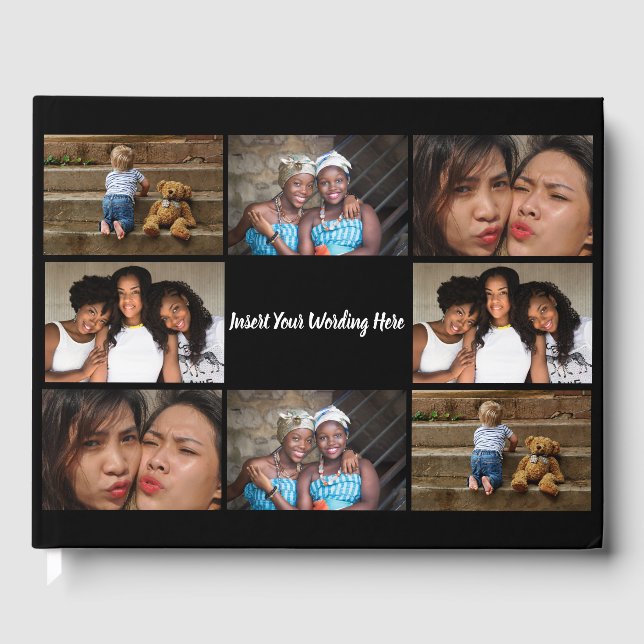 DIY 4 photo collage with text on custom colour Guest Book (Front)