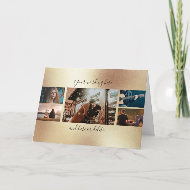DIY 5 photo anniversary wedding collage gold Card (Front)