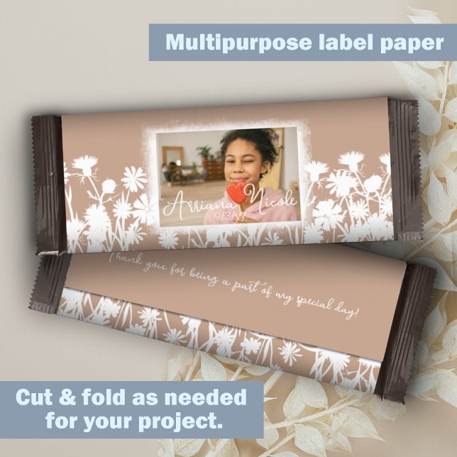 DIY Beige White Bat Mitzvah Candy Bar Wrapper (beige, white botanical wild flowers bat mitzvah cheap chocolate bar wrapper DIY)