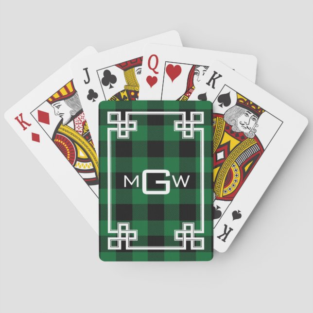 DIY BG Greek Key Buffalo Plaid 3I Forest Green Playing Cards (Back)