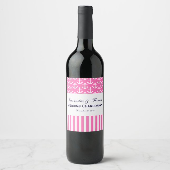 DIY BG Hot Pink White Anchor Stripe Party Wine Label (Front)