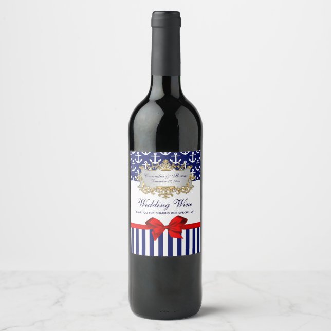 DIY BG Navy White Anchor Stripe Red Bow Party Wine Label (Front)