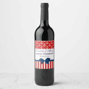 DIY BG Red Wt Anchor Stripe #2 Navy Blue Bow Party Wine Label