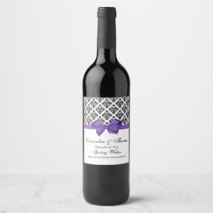 DIY BG Vintage Black Wht Damask Lilac Bow Wine Label