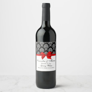 DIY BG Vintage White Damask #6 on Black, Red Bow Wine Label