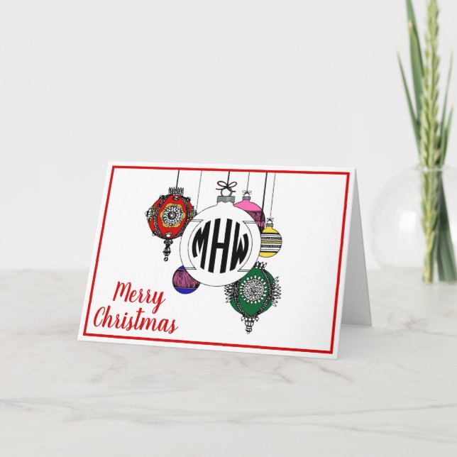 DIY BG Xmas Ornaments Black Circle Monogram Font Holiday Card (Front)
