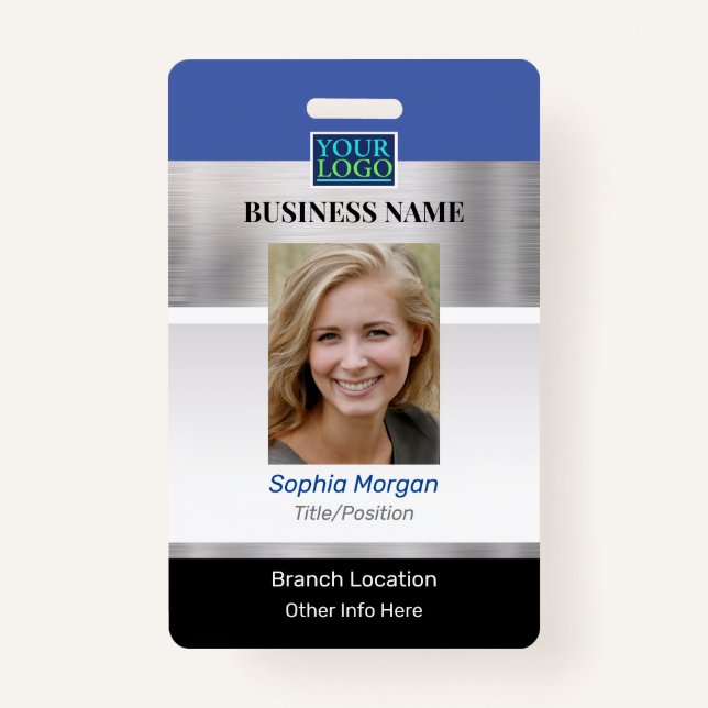 DIY Business Photo Name Logo Info, Silver Blue Blk Badge (Front)