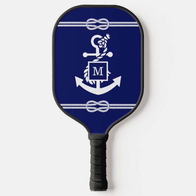 DIY Colors Rope Knot Anchor Monogram Blue White Pickleball Paddle (Front)