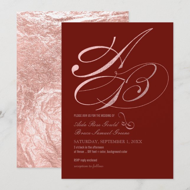 DIY Colour, Monograms, Faux Rose Gold Fancy Script Invitation (Front/Back)