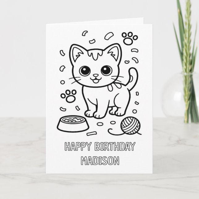 DIY colouring folded cat birthday card (Front)