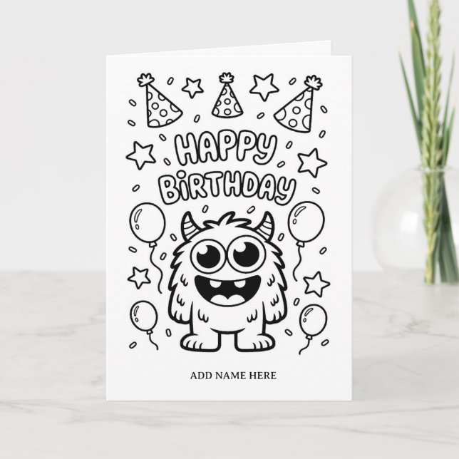 DIY colouring folded monster birthday card (Front)