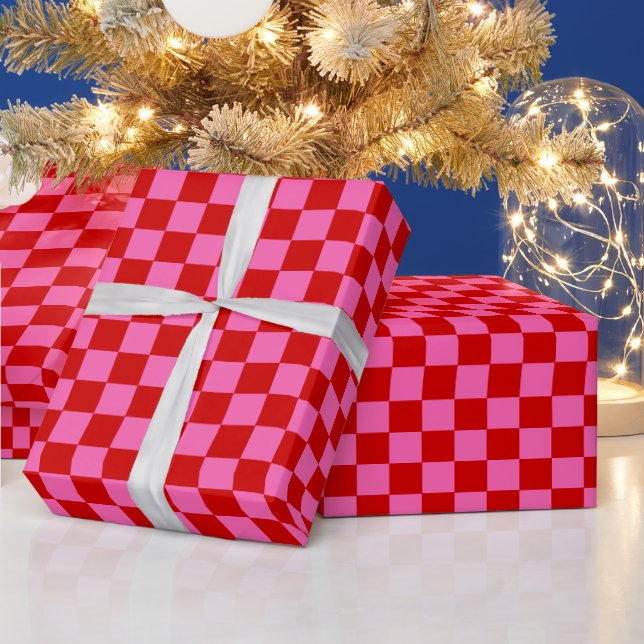 DIY Colours Check Chequerboard Pink Red Wrapping Paper (Holidays)